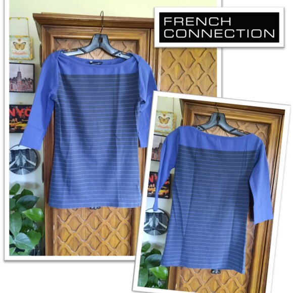 French Connection | Striped Banteau Boatneck Tee w Stretch! - Navy/Blue, Size XS - Picture 1 of 14